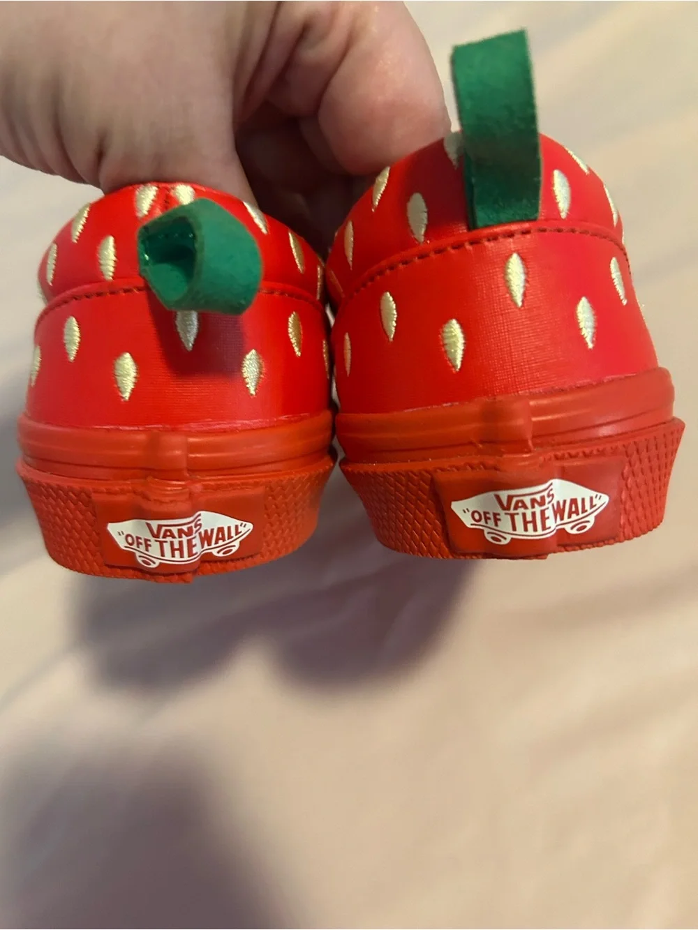 Vans Kids Red Strawberry Slip-On Sneakers with Green Leaf Accent